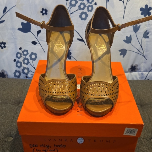Ivanka Trump Shoes - Ivanka Trump Tan Peep-Toe Heels